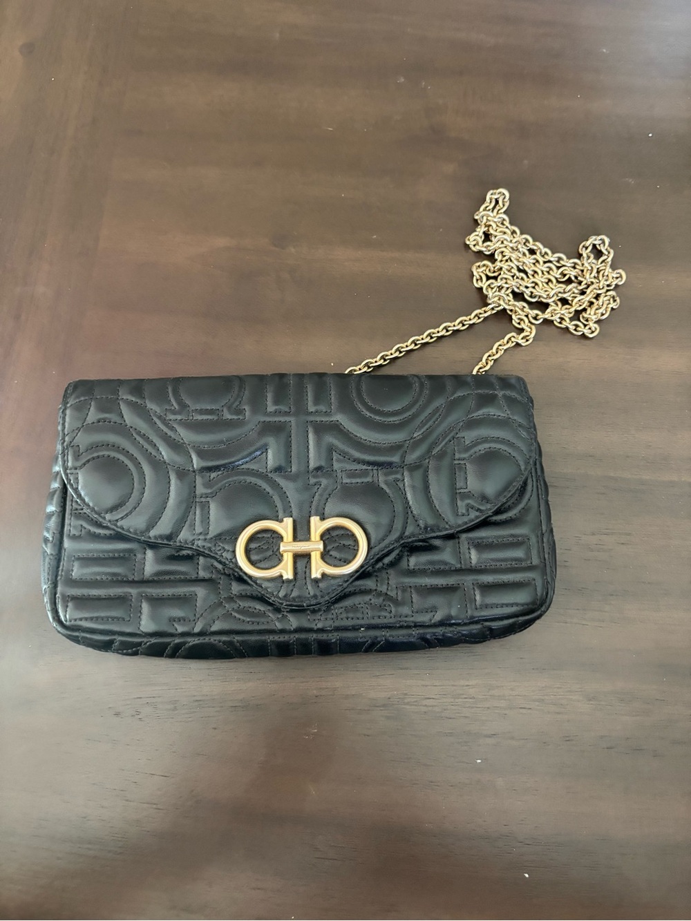 Black Ferragamo Quilted Chain Shoulder Bag with Gold Hardware